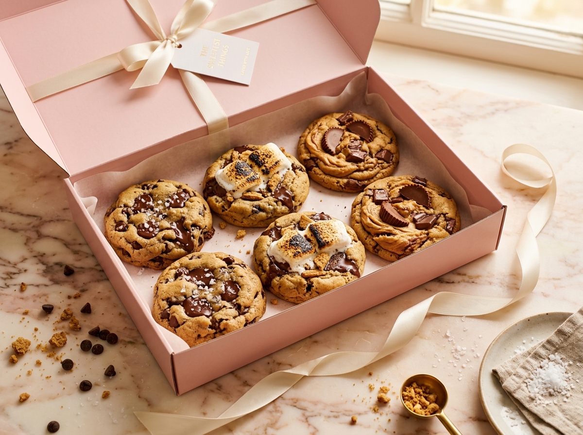 Celia's Cookies signature blush pink bakery box filled with thick gourmet Chocolate Chip, Reese's, and S'mores cookies